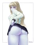  1girl artist_name ass black_skirt blue_skin breasts commission cowboy_shot highres large_breasts long_hair looking_at_viewer looking_back monster_girl_encyclopedia platinum_blonde_hair red_eyes seraziel shirt skirt solo standing white_shirt wight_(monster_girl_encyclopedia) 