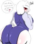  absurd_res anthro big_butt blush boss_monster bovid butt caprine clothing curvy_figure dialogue dress female goat hi_res hourglass_figure looking_at_viewer looking_back looking_back_at_viewer mammal red_eyes saurian_(artist) simple_background solo speech_bubble toriel undertale video_games voluptuous white_background white_body wide_hips 