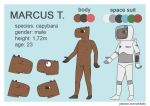  anthro black_eyes blue_background blush border brown_body brown_fur capybara caviid clothed clothing english_text fur male mammal model_sheet navel orbitalis rodent simple_background solo spacesuit text url white_border 