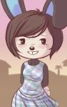  2020 animal_crossing anthro blush brown_hair carmen_(animal_crossing) chest_tuft clothed clothing dress female floppy_ears hair hands_behind_back hi_res lagomorph leporid looking_at_viewer mammal nintendo outside plagueofgripes rabbit smile solo standing tooth_gap tuft video_games 