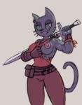  anthro belt belt_pouch breasts clothed clothing domestic_cat ear_piercing ear_ring exposed_breasts felid feline felis female grin kocia_pierdocia mammal melee_weapon muscular muscular_female piercing rawslaw5 smile solo sword weapon weapon_on_shoulder 