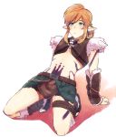  1boy arm_support bangs belt black_skirt blonde_hair blue_eyes boots breasts brown_belt character_request closed_mouth commentary_request earrings full_body fur_boots fur_trim gerudo_link jewelry kneeling link looking_at_viewer low_ponytail male_focus medium_hair navel pointy_ears ponytail sidelocks skirt solo stomach the_legend_of_zelda the_legend_of_zelda:_breath_of_the_wild white_background yuma_(zero) 
