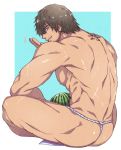  1boy abs absurdres adventurer_(ff14) ass back bara chest crossed_legs facial_hair final_fantasy final_fantasy_xiv food fruit fundoshi highres japanese_clothes looking_at_viewer looking_back male_focus medium_hair muscle nipples solo stubble thick_thighs thighs two-tone_background underwear underwear_only watermelon waving zanki 