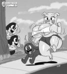  anthro areola areola_slip big_breasts bodily_fluids breasts canid canine canis domestic_dog domestic_pig erection female feral genitals hi_res huge_breasts humanoid_genitalia humanoid_penis joaoppereiraus jogging looney_tunes mammal monochrome nipple_outline outside penis petunia_pig rope suid suina sus_(pig) sweat thick_thighs tongue tongue_out warner_brothers 