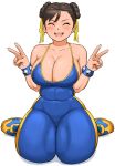  1girl ^_^ abs blue_unitard blush breasts chun-li cleavage closed_eyes collarbone covered_navel double_bun double_v earrings fingernails full_body hair_ribbon highres jewelry large_breasts official_alternate_costume on_ground ribbon shigenobu sitting skin_tight smile solo spaghetti_strap street_fighter street_fighter_zero_(series) stud_earrings studded_bracelet thick_thighs thighs unitard upper_teeth v wariza white_background yellow_footwear 