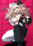  1girl artist_name bangs blonde_hair breasts character_doll claw_pose cleavage commentary cosplay danganronpa danganronpa_1 doll enoshima_junko half-closed_eye hands_up highres holding holding_doll hood hood_up kinkymation large_breasts long_hair long_sleeves looking_at_viewer monokuma monokuma_(cosplay) naegi_makoto onesie open_mouth partially_unbuttoned pink_background red_nails two-tone_background upper_teeth 