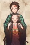  1boy 1girl :d aki_(neyuki41028) blush brother_and_sister brown_hair checkered earrings forehead_scar hair_ribbon hands_on_another&#039;s_shoulders haori japanese_clothes jewelry kamado_nezuko kamado_tanjirou kimetsu_no_yaiba kimono long_hair multicolored_hair obi open_mouth pink_eyes pink_kimono pink_ribbon print_kimono red_eyes red_hair ribbon sash siblings sketch smile standing two-tone_hair very_long_hair 