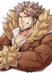  bara beard blue_eyes brown_hair character_request chest coat collarbone collared_shirt copyright_request cropped_torso crossed_arms ezaki_papiko facial_hair fur-trimmed_coat fur_trim muscle shirt short_hair smirk thick_eyebrows white_background 