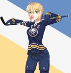  1girl adapted_weapon ahoge arms_up artoria_pendragon_(all) belt blonde_hair blue_gloves blue_ribbon blue_shirt breasts buffalo_sabres character_name cowboy_shot exca fate/stay_night fate_(series) gardavwar gloves gold_trim green_eyes hair_ribbon highres hockey_gloves hockey_stick hockey_sweater hockeyy_jersey jersey logo looking_at_viewer medium_breasts namesake padded_gloves padded_pants ribbon saber shirt sidelocks simple_background solo striped striped_background untucked_shirt weapon_across_shoulders 
