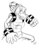  5_fingers anthro black_and_white crocodile crocodilian crocodylid fingers headphones hi_res looking_at_viewer male monochrome pose reptile scales scalie solo sonic_the_hedgehog_(series) sssonic2 vector_the_crocodile 