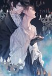  2boys absurdres black_gloves black_hair black_suit candelabra candle closed_eyes earrings fire flame formal gloves highres holding_hands jewelry long_sleeves mask multiple_boys orion3777 shirt standing suit white_neckwear white_shirt yaoi 