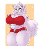  anthro big_breasts blue_eyes bottomwear breasts canid canine canis cleavage clothed clothing domestic_dog ear_piercing ear_ring eyewear female glasses hi_res mammal piercing shorts solo spottedtigress thick_thighs white_body 