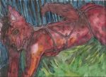  anthro bdsm biped bondage bound female hair half-length_portrait harness hendlyd hyaenid licking lying mammal nude on_front painting_(artwork) portrait raised_tail red_hair side_view solo spotted_hyena submissive submissive_female tongue tongue_out traditional_media_(artwork) watercolor_(artwork) 