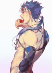  1boy back beads blood blue_hair crescent_necklace cu_chulainn_(fate)_(all) detached_sleeves earrings fang fate/grand_order fate_(series) from_side hair_beads hair_ornament highres jewelry lancer licking long_hair looking_at_viewer looking_back male_focus muscle open_mouth ponytail red_eyes shirtless slit_pupils solo spiked_hair strap taro-k tongue tongue_out type-moon 