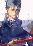  1boy armor beads blue_hair cu_chulainn_(fate)_(all) earrings fangs fate/stay_night fate_(series) gae_bolg hair_beads hair_ornament holding holding_weapon jewelry lancer long_hair looking_to_the_side male_focus open_mouth pauldrons polearm ponytail red_eyes shoulder_armor simple_background skin_tight slit_pupils solo spiked_hair taro-k type-moon water water_drop weapon wet wet_hair white_background 