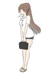  1girl black_shorts blush breasts brown_footwear brown_hair clothes_writing copyright_request dated food food_in_mouth full_body hair_ornament hair_scrunchie hairclip holding ice_cream long_hair medium_breasts mouth_hold pink_scrunchie ponytail purple_eyes sandals scrunchie shirasu_youichi shirt short_shorts short_sleeves shorts simple_background small_breasts solo standing sweat translation_request very_long_hair virtual_youtuber white_background white_shirt 