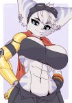  abs anthro azurei big_breasts bodily_fluids breasts cybernetic_arm ear_piercing ear_ring eyewear eyewear_on_head female goggles goggles_on_head head_tuft hi_res lombax looking_at_viewer mammal muscular muscular_female piercing ratchet_and_clank rift_apart_lombax scarf solo sony_corporation sony_interactive_entertainment sweat tuft video_games 
