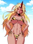  1girl ass_visible_through_thighs bikini blonde_hair blue_sky breasts cloud commentary_request hands_on_hips highres horns hoshiguma_yuugi jin_(mugenjin) large_breasts long_hair looking_at_viewer navel oni red_eyes side-tie_bikini single_horn sky solo star_(symbol) swimsuit tan tiger_stripes touhou 