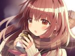  1girl blush brown_eyes brown_hair can highres holding holding_can hot_chocolate long_hair original scarf school_uniform serafuku sleeves_past_wrists solo uramakaron 