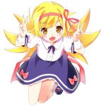  blonde_hair blue_bow blue_dress blush bow cuffs double_v dress fang hair_ribbon highres mary_janes monogatari_(series) msmrdaaaaa open_mouth oshino_shinobu ribbon shoe_bow shoes skin_fang v white_background yellow_eyes 