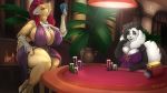  anthro avian big_breasts bird black_body black_fur breast_size_difference breasts card chicken cleavage clothed clothing female fur furniture galliform gallus_(genus) hi_res huge_breasts liz_(draconder) money padunk phasianid poker_chip solo table thick_thighs white_body white_fur 