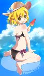  :3 alternate_costume alternate_hairstyle bare_shoulders black_swimsuit blonde_hair blush_stickers english_text food fruit hat highres monogatari_(series) msmrdaaaaa oshino_shinobu pointy_ears short_hair shoulder_blush sitting sky straw_hat swimsuit thank_you tongue tongue_out wariza watermelon yellow_eyes 