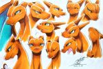  025aki 2020 anthro blue_eyes bodily_fluids charizard expression_sheet expressions female headshot_portrait hi_res nintendo pok&eacute;mon pok&eacute;mon_(species) portrait red_body signature simple_background solo sweat sweatdrop tongue video_games wings 