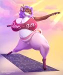  anthro big_breasts breasts brown_body cervid cleavage clothed clothing dominique_(bionichound) ear_piercing ear_ring female hair hi_res huge_breasts mammal piercing purple_hair slightly_chubby solo spottedtigress thick_thighs yoga 