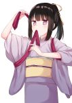  1girl absurdres arm_up black_hair brown_eyes character_request chiune_(yachi) hair_ribbon highres holding japanese_clothes kimono long_hair long_sleeves looking_at_viewer mouth_hold obi ponytail purple_kimono red_ribbon ribbon sash simple_background solo tasuki tsumugu_otome_to_taishou_no_tsuki white_background wide_sleeves yellow_ribbon 