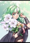  1girl ahoge armor bangs black_armor black_cape black_shirt black_shorts breasts byleth_(fire_emblem) byleth_(fire_emblem)_(female) cape cleavage clothing_cutout commentary_request elbow_pads eyebrows_visible_through_hair fire_emblem fire_emblem:_three_houses flower flower_request green_background green_eyes green_hair groin hair_between_eyes hand_up highres holding holding_flower holding_hair large_breasts letterboxed long_hair looking_at_viewer navel navel_cutout parted_lips shirt shorts sidelocks solo standing suzuhiro upper_body vambraces 