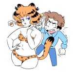  1boy 1girl 2020 animal_ears animal_print bikini breasts brown_hair cat_ears cat_print cat_tail chickorysticks cleavage cosplay crossover curly_hair fang garfield garfield_(character) garfield_(character)_(cosplay) hand_on_hip highres index_finger_raised jon_arbuckle lasagna_(food) lum makeup signature smile strapless strapless_bikini sweatdrop swimsuit tail thought_bubble urusei_yatsura wide_hips 