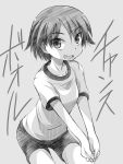  1girl :d bangs bike_shorts bumping commentary cowboy_shot eyebrows_visible_through_hair girls_und_panzer gofu greyscale gym_shirt gym_uniform hands_together isobe_noriko looking_at_viewer monochrome open_mouth shirt short_hair short_shorts short_sleeves shorts smile solo standing t-shirt translated 