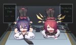  2girls arknights artist_request ball_gag bdsm bondage bound breasts checkered checkered_neckwear exusiai_(arknights) eyepatch feet gag hair_over_one_eye halo highres kantai_collection multiple_girls no_shoes purple_hair red_hair short_hair soles tenryuu_(kantai_collection) yellow_eyes 