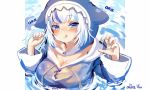  1girl alice_vu alternate_breast_size animal_hood ara_ara artist_name blue_eyes blush breasts breasts_day claw_pose gawr_gura hololive hololive_english hood large_breasts licking_lips looking_at_viewer shark_hood solo tongue tongue_out virtual_youtuber water white_hair 