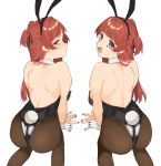  2girls 2l_(2lsize) :d absurdres all_fours animal_ears ass back bangs barefoot black_eyes black_legwear blunt_bangs blush breasts brown_hair brown_nails bunny_ears bunny_tail highres long_hair looking_at_viewer multiple_girls open_mouth original pantyhose playboy_bunny simple_background smile tail teeth two_side_up white_background wrist_cuffs 