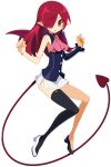  1girl :o alternate_costume alternate_hairstyle ascot black_legwear demon_girl demon_tail demon_wings detached_sleeves disgaea disgaea_rpg etna full_body hair_over_one_eye long_hair mismatched_footwear official_art pointy_ears red_eyes red_hair red_tail red_wings simple_background single_sleeve single_thighhigh sleeveless solo tail thighhighs white_background wings 