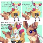  1:1 absurd_res aru_(furry_in_a_hurry) bodily_fluids braixen comic eevee english_text furry_in_a_hurry happy hi_res nintendo pok&eacute;mon pok&eacute;mon_(species) teardrop tears text uto_(utopianvee) video_games 