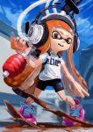  1girl absurdres bike_shorts blue_sky chamu_(chammkue) cloud day domino_mask goo_tuber_(splatoon) headphones highres huge_filesize ink_tank_(splatoon) inkling legs_apart long_hair mask open_mouth orange_eyes orange_hair outdoors paint pigeon-toed pink_footwear shirt shoelaces shoes short_sleeves sky sneakers solo splatoon_(series) splatoon_2 standing suction_cups t-shirt teeth tentacle_hair twitter_username very_long_hair white_shirt 