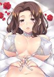  1girl bangs bare_shoulders bed_sheet blush bra breasts breasts_apart bridal_gauntlets brown_eyes brown_hair choker collarbone covered_nipples elbow_gloves fingernails flower gloves halter_top halterneck highres large_breasts looking_at_viewer lying medium_hair mizuhara_yuu navel non-web_source on_back open_mouth original parted_bangs petals photoshop_(medium) pink_lips red_flower red_rose rose shiny shiny_skin solo underwear untied_bra upper_teeth white_choker white_gloves 