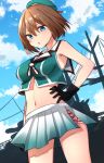  1girl beret black_gloves blue_eyes blue_sky breasts brown_hair cloud cowboy_shot gloves green_headwear hair_ornament hairclip hand_on_hip hat hat_ribbon headgear highres kantai_collection katsuobushi_(eba_games) large_breasts looking_at_viewer maya_(kantai_collection) midriff mini_hat pleated_skirt red_ribbon remodel_(kantai_collection) ribbon school_uniform serafuku ship short_hair skirt sky sleeveless solo standing watercraft white_skirt x_hair_ornament 