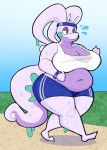  2020 accessory aimbot-jones antennae_(anatomy) anthro barefoot belly big_breasts bodily_fluids breasts cleavage clothed clothing crop_top curled_tail dragon dripping female flying_sweatdrops full-length_portrait goodra grass gym_shorts half-closed_eyes headband hi_res huge_breasts jogging midriff narrowed_eyes navel nintendo outside overweight pok&eacute;mon pok&eacute;mon_(species) portrait purple_body shirt sky slime smile solo sweat sweat_stain sweatdrop thick_thighs topwear video_games wasabi_(aimbot-jones) wide_hips wristband 