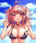  1girl ahoge bangs bare_shoulders bell bikini black_bikini blush bow breasts choker claw_pose cleavage cloud collarbone commentary day hair_in_mouth hair_ornament hands_up heart heart_ahoge heart_hair_ornament horns indie_virtual_youtuber ironmouse kaptivate large_breasts long_hair looking_at_viewer multicolored_hair open_mouth outdoors pink_hair red_bow smile solo strap_slip swimsuit two_side_up upper_body upper_teeth virtual_youtuber 