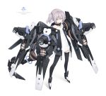  1girl bangs black_legwear blue_eyes dress eyebrows_visible_through_hair grey_hair highres hood hooded_jacket jacket looking_at_viewer mecha_musume open_clothes open_jacket original poco_(asahi_age) short_hair solo thighhighs twintails white_background white_dress 