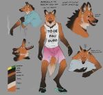  absurd_res anthro blep bottomwear canid canine cellphone cigarette clothed clothing dialogue ear_piercing english_text flip_flops footwear fur hi_res inner_ear_fluff male mammal maned_wolf model_sheet multicolored_body multicolored_fur open_mouth phone piercing pillow portuguese_text sandals sepulte shirt shorts solo standing talking_to_viewer tank_top text tongue tongue_out topwear tuft 