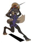  anthro blue_eyes canid canine canis clothed clothing dagger female gloves gompami handwear hi_res hood mammal melee_weapon open_mouth oriana_thaffer pigtails shield simple_background solo weapon wolf 