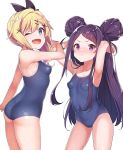  2girls :t armpits arms_up ass bangs bare_arms bare_legs bare_shoulders blonde_hair blue_eyes blue_swimsuit blush breasts closed_mouth competition_school_swimsuit cowboy_shot double_bun eyebrows_visible_through_hair fang from_side hair_ornament hairclip heart heart_hair_ornament highres konnyaku_(kk-monmon) long_hair looking_at_viewer multiple_girls nose_blush nukui_hayu ochikobore_fruit_tart one-piece_swimsuit one_eye_closed open_mouth pout purple_eyes purple_hair school_swimsuit sekino_roko sidelocks simple_background skindentation small_breasts smile swimsuit white_background x_hair_ornament 