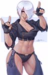  angel_(kof) boots bra breasts chaps cleavage cowboy_boots cropped_jacket eyebrows_visible_through_hair fingerless_gloves gloves hair_over_one_eye highres its_just_suppi jacket large_breasts leather leather_jacket mexican piercing snk solo solo_focus strapless strapless_bra the_king_of_fighters the_king_of_fighters_2001 the_king_of_fighters_xiv toned tongue tongue_out tongue_piercing underwear wrestling 