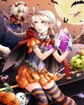  bat blue_eyes book braid candy ebi_puri_(ebi-ebi) fire_emblem fire_emblem_fates fire_emblem_heroes food ghost halloween holding holding_book moon night night_sky niles_(fire_emblem) nina_(fire_emblem) pumpkin sky striped striped_legwear twintails vampire_costume white_hair 