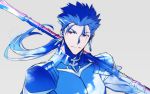  1boy armor beads blue_hair blue_sky closed_mouth cloud cu_chulainn_(fate)_(all) earrings fate/stay_night fate_(series) gae_bolg grey_background hair_beads hair_ornament highres jewelry kon_manatsu lancer long_hair looking_to_the_side male_focus pauldrons ponytail red_eyes shoulder_armor simple_background sky solo spiked_hair type-moon 