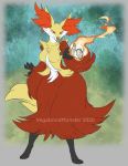  2020 4_fingers absurd_res anthro delphox detailed_background female fingers fur hi_res nintendo outside pok&eacute;mon pok&eacute;mon_(species) red_body red_fur signature solo standing stick vegabondmonster video_games watermark white_body white_fur yellow_body yellow_fur 